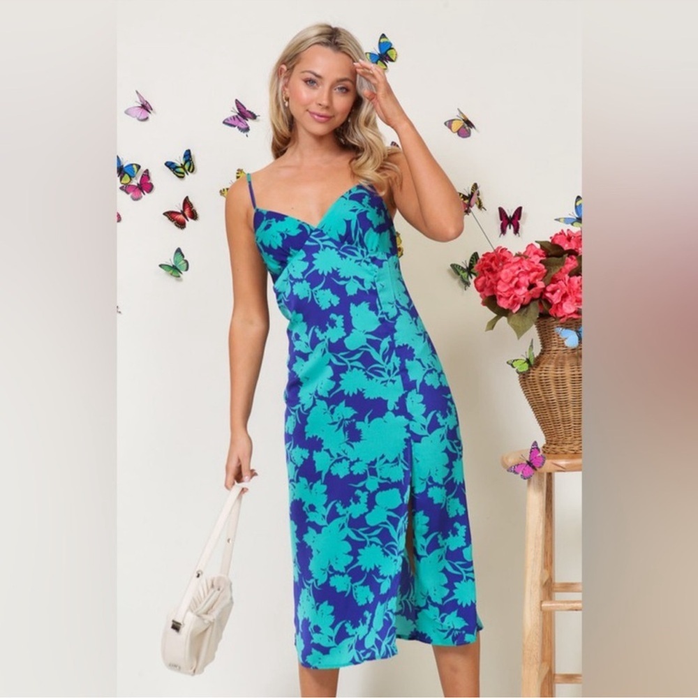 Timing / VICI Blue Green Floral Satin Slip Lace Up Midi Dress Size Small